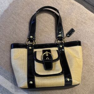 Coach Black Patent Trim Beige Woven Tote Bag with Front Buckle